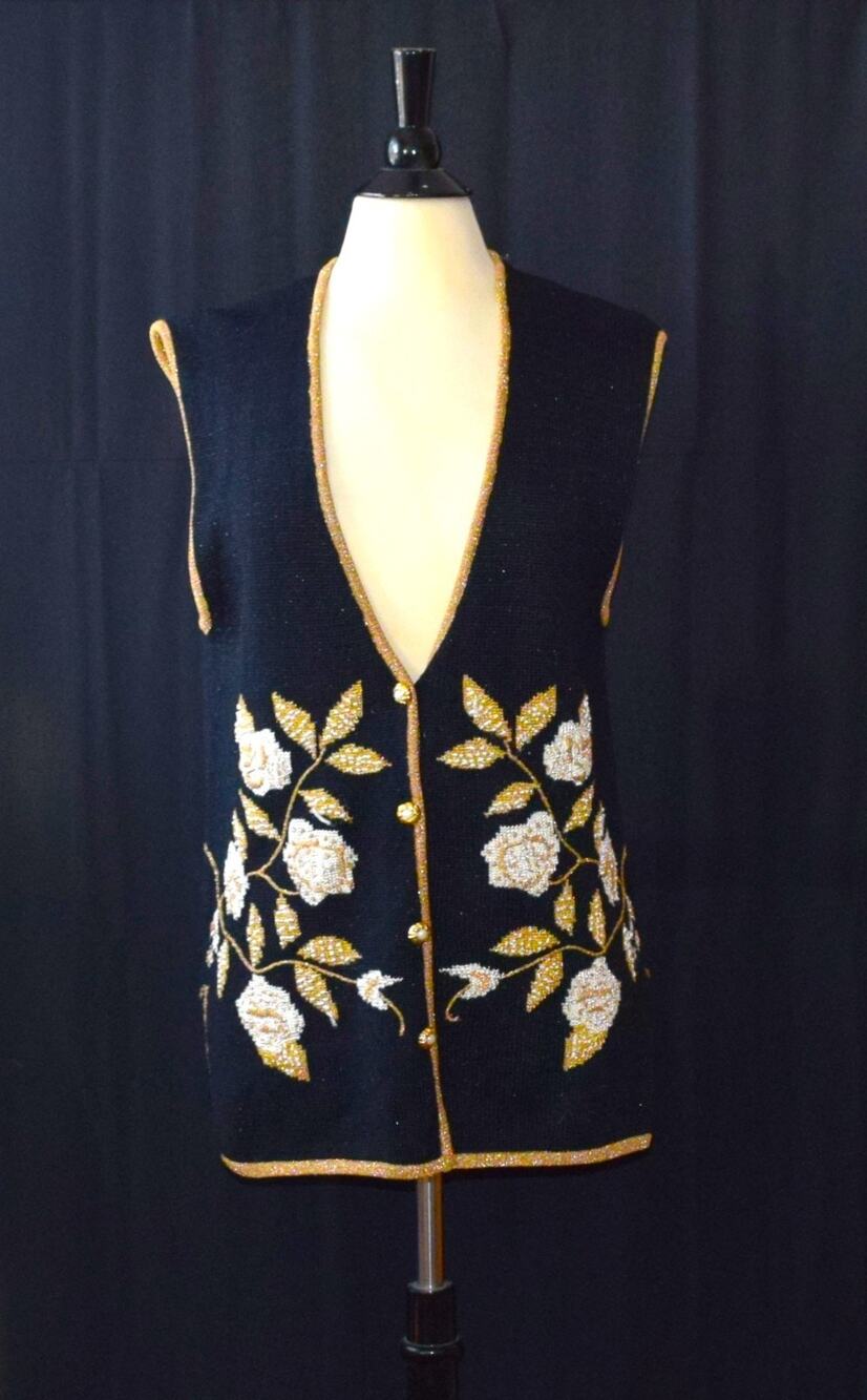 Vintage Jaclyn Smith Beaded Vest Black Gold Floral Embroidered Women’s Size M